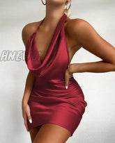 Hnewly New Women Cowl Neck Halter Mini Satin Dress Sexy Slim Fit Bodycon Party Club Brief Solid
